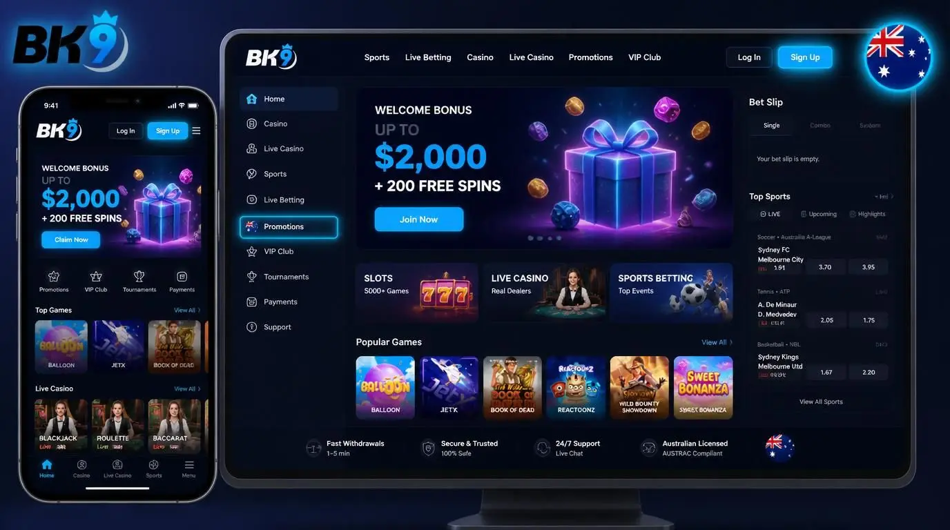 A screenshot-like image depicting BK9 Casino lobby on both desktop and mobile including slots, live betting, and easy menu navigation
